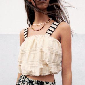 Zara Balloon / Bubble Crop Top Cream/black straps sz M
